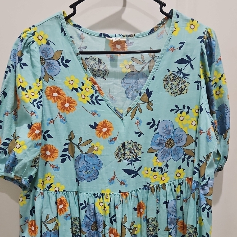 a.n.a Floral V-Neck Dress in Blue and Yellow